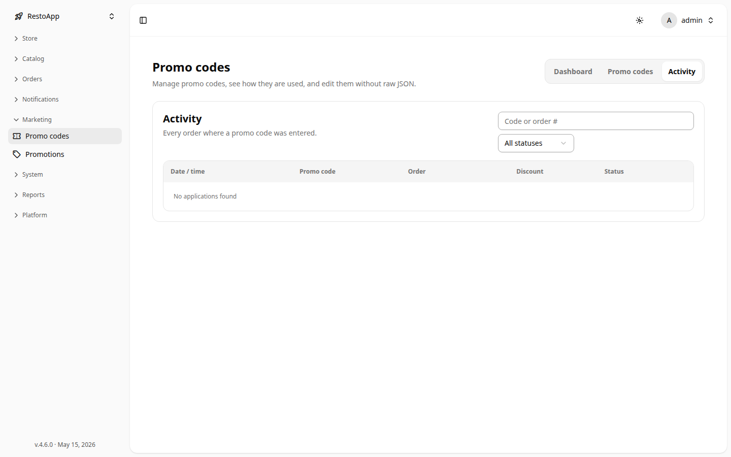 Promo code activity